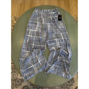 Clara Sunwoo Palazzo Pants NWT Womens PL Petite Large Blue White Plaid Wide Leg